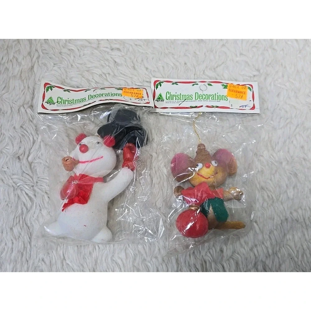 Vintage Flocked Snowman & Mouse Lot of 2 Frosty Googly Eyes Christmas‎ Ornament